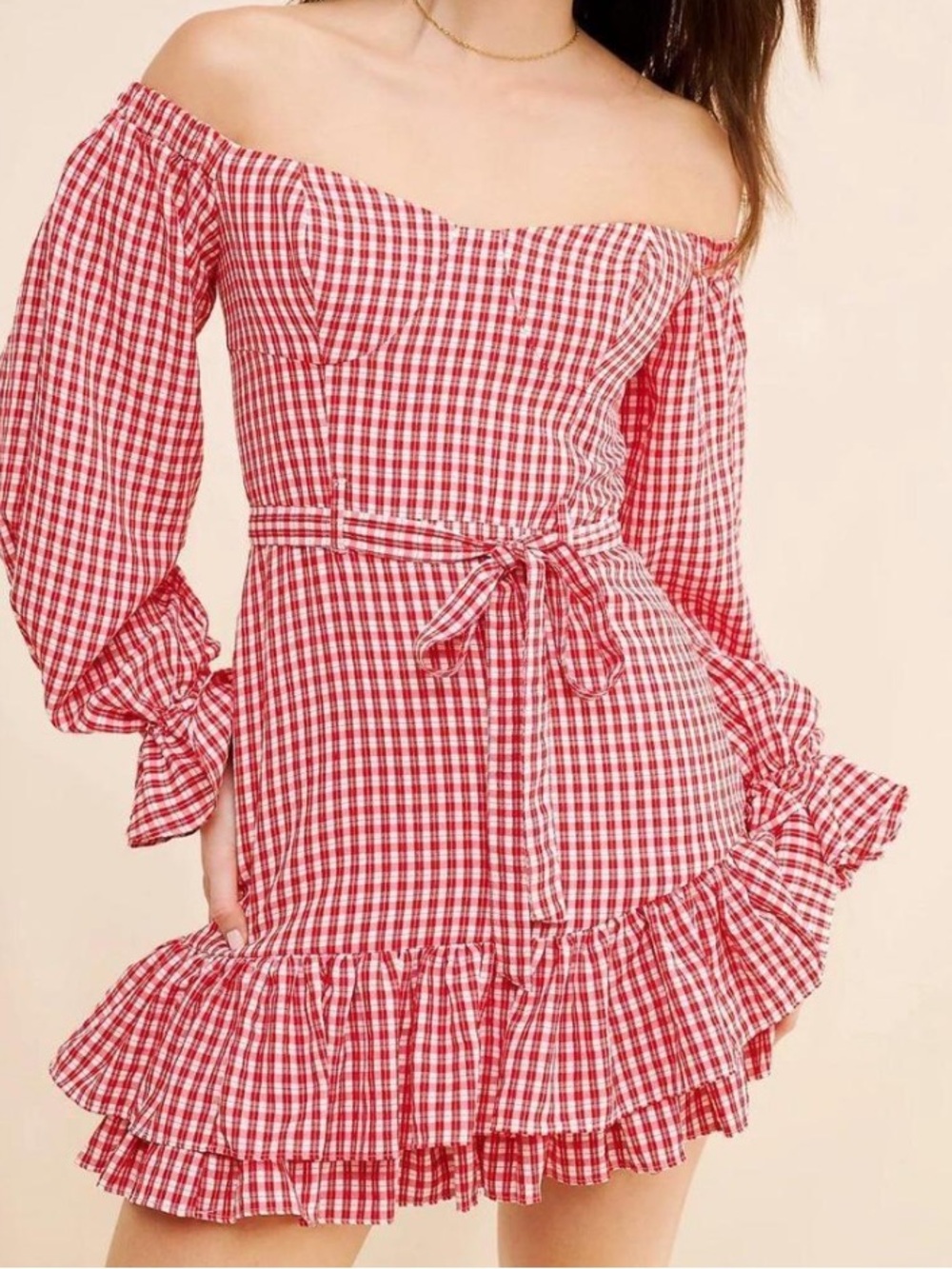 off the shoulder ruffled red and white mini dress with tie waist - maeve